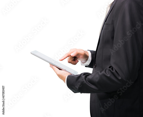 Businessman standing posture hand holding blank tablet