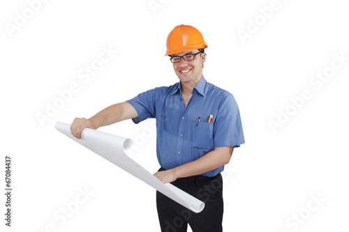 young man in a construction helmet with the project in the hands photo