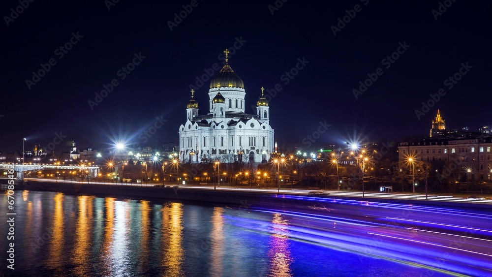 Cathedral of Jesus Christ Saviour at night in Moscow.