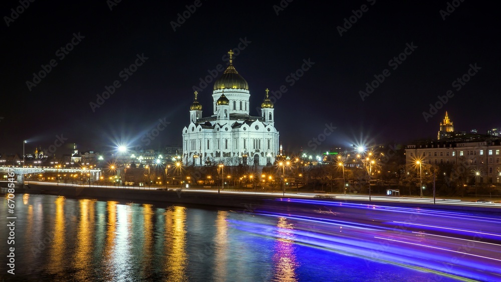 Cathedral of Jesus Christ Saviour at night in Moscow.