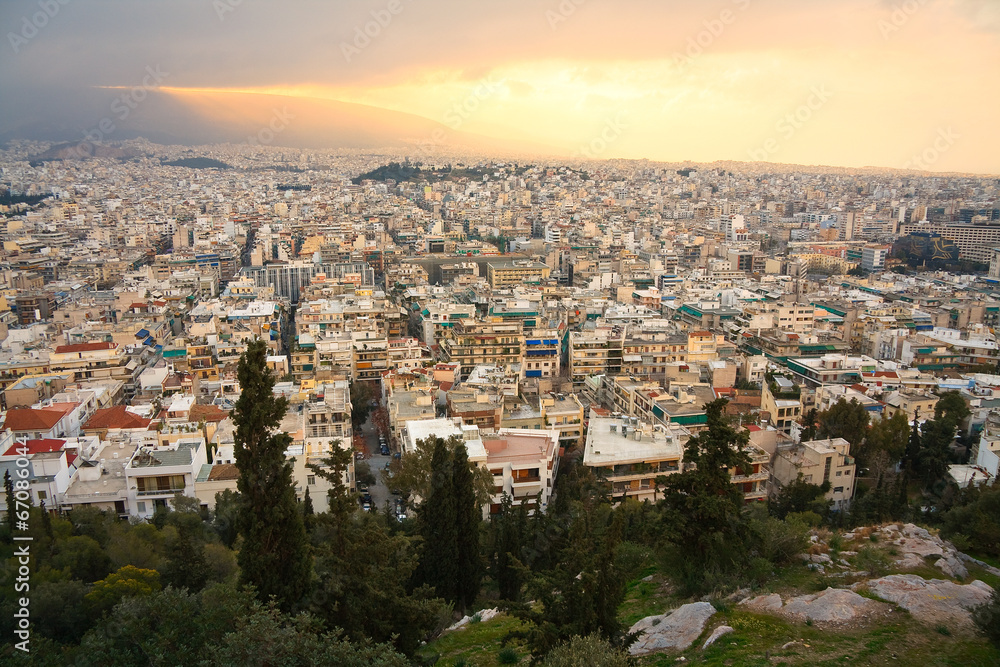 View of Athens from Filopappou Hill in early morning.