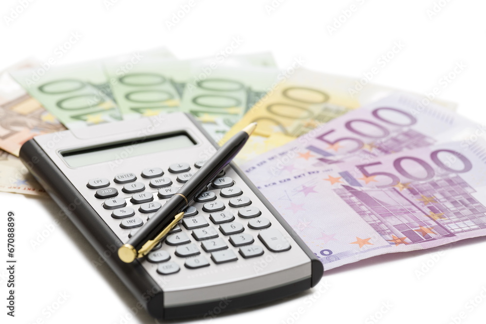 European banknotes, calculator and pen European banknotes, calculator and pen