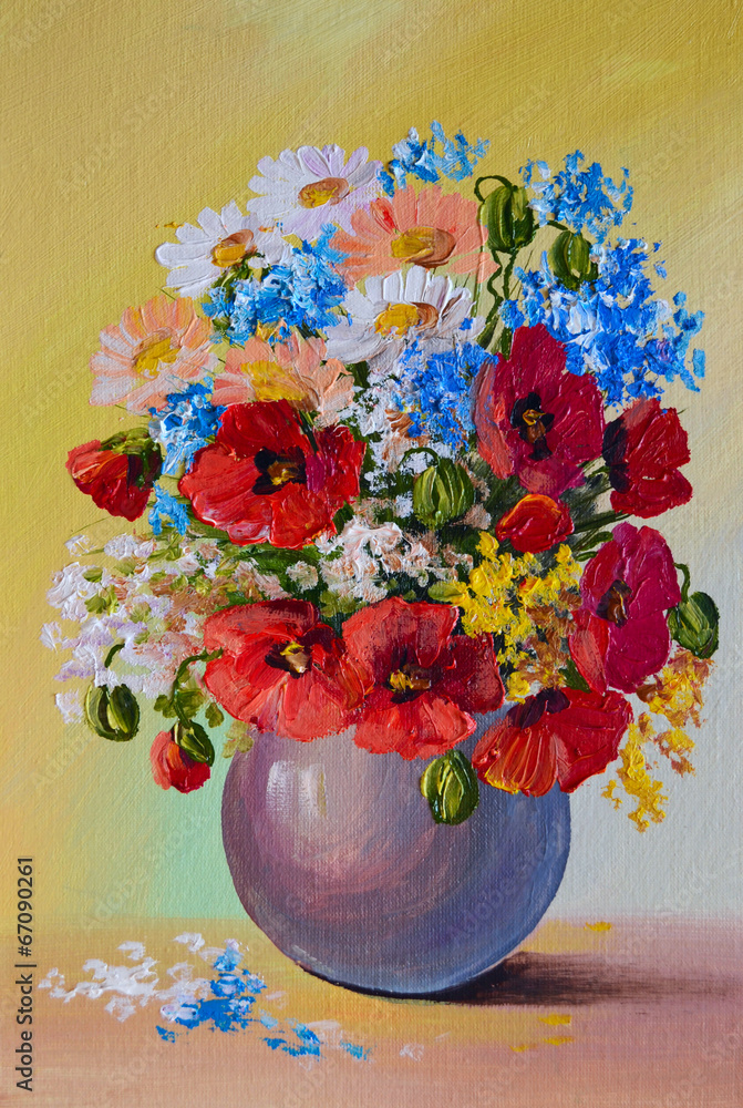Oil Painting - still life, a bouquet of flowers - obrazy, fototapety, plakaty 