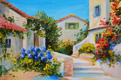 Oil painting on canvas of a beautiful houses near the sea