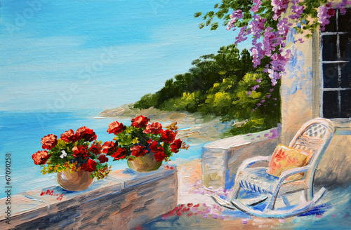 oil painting - balcony near the sea
