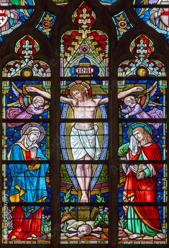Bruges - Crucifixion on windowpane in St. Salvator s Cathedral