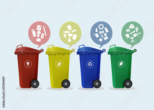 Different Colored wheelie bins set with waste icon