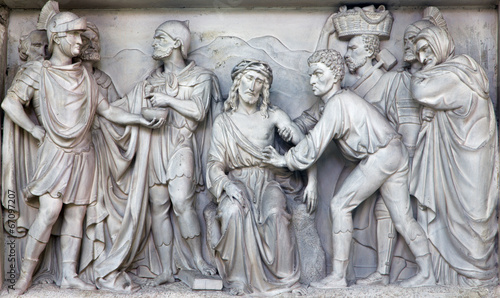 Mechelen - Stone relief Jesus for Pilate scene