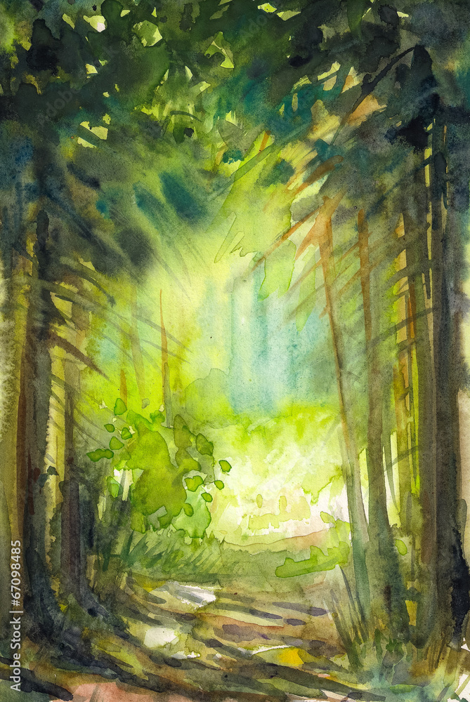 Pathway in summer forest.Picture created with watercolors.