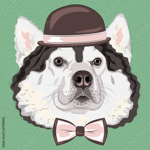 vector funny cartoon hipster Alaskan Malamute dog