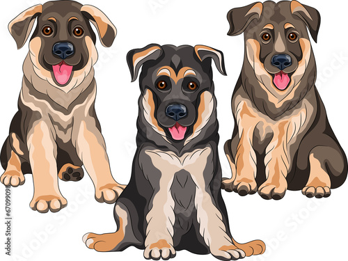Vector set smiling puppies dog German shepherd