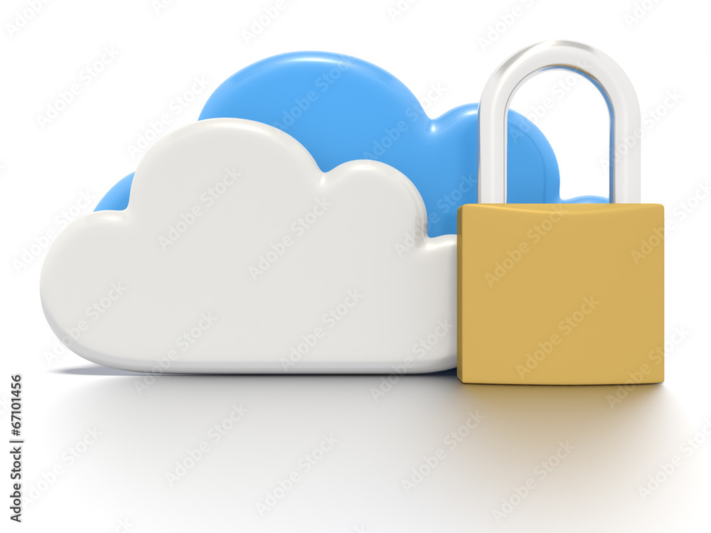 Stylized CG depicting clouds and a padlock, secure data storage. Stylized CG depicting clouds and a padlock, secure data storage.