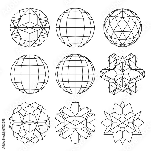 Collection of 9 black and white complex dimensional spheres and