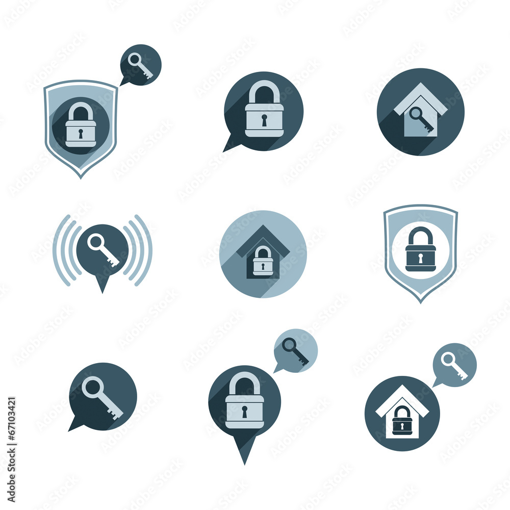 House security protection vector icons set, home, house, padlock House security protection vector icons set, home, house, padlock
