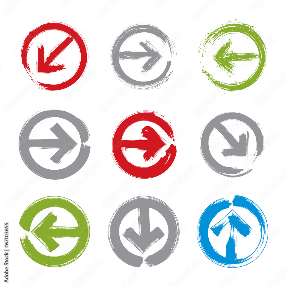 Set of hand-painted colorful direction button isolated on white Set of hand-painted colorful direction button isolated on white