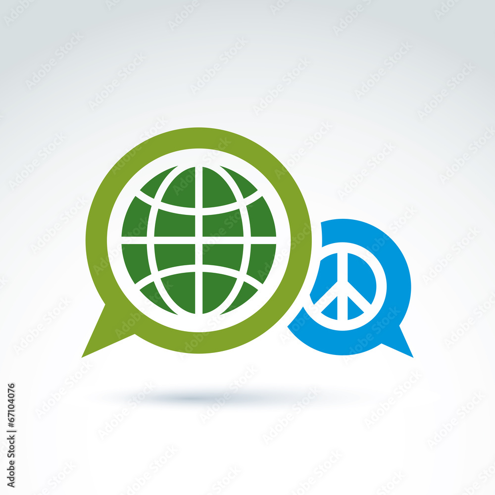 Round antiwar vector icon, green planet and speech bubble with p