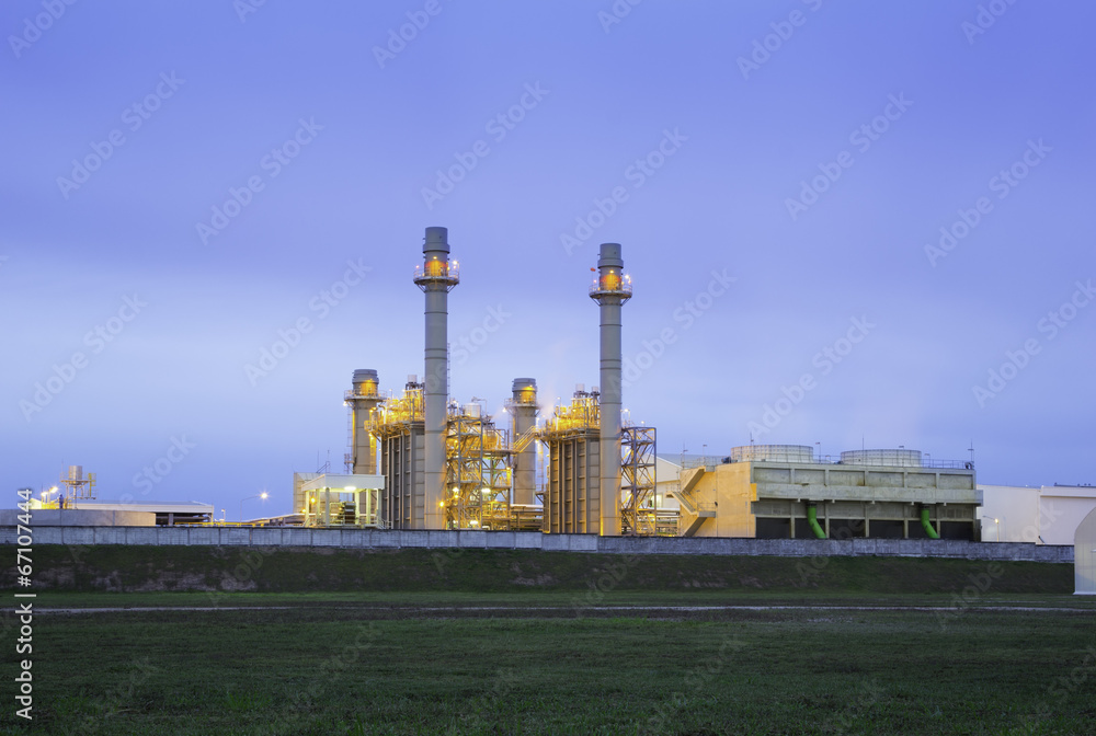 Power plant, gas fired power station. Industrial factory may called combined cycle gas turbine plant or CCGT. Electricity energy generation by natural gas, heat recovery steam generator and boiler.