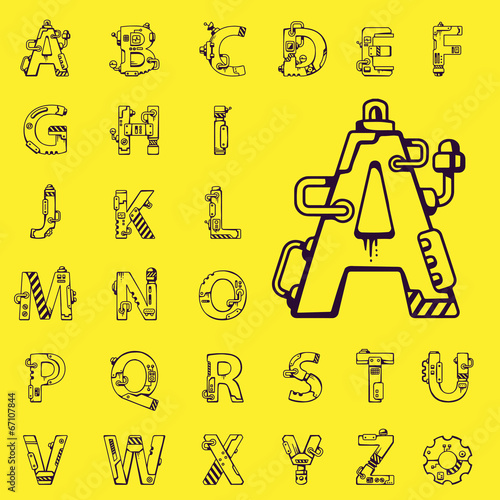 black vector set of letters of the English alphabet mechanical r