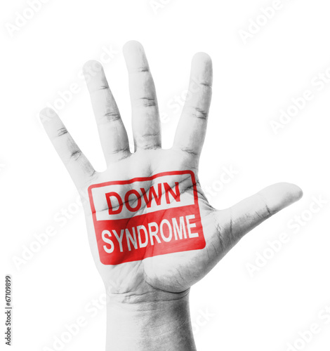 Open hand raised, Down Syndrome (DS) sign painted
