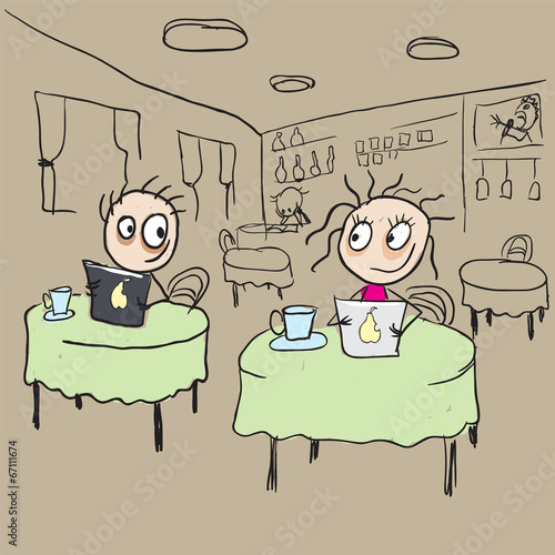 Girl in cafe flirting ogle. Vector cartoon
