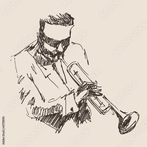 man playing the trumpet, music vintage illustration, sketch