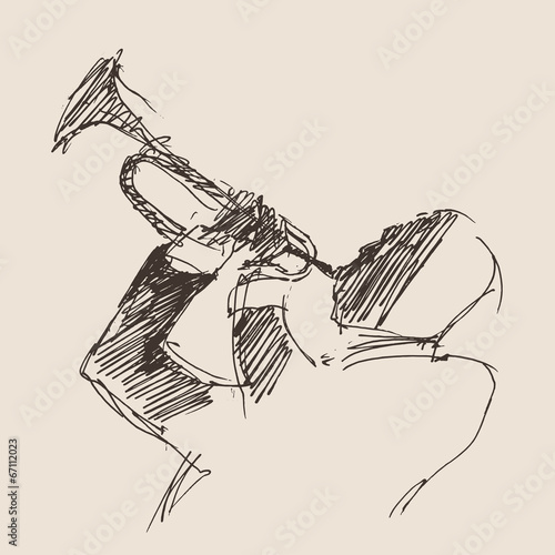 man playing the trumpet, music vintage illustration, sketch