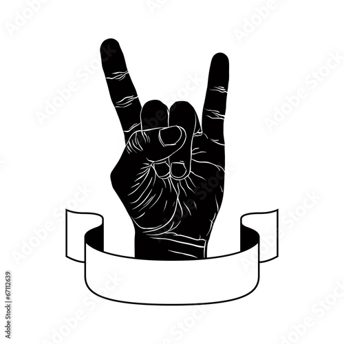 Rock on hand creative sign with ribbon, music emblem, rock n rol