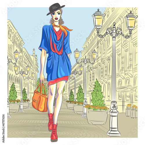 Vector attractive fashion girl goes for St. Petersburg