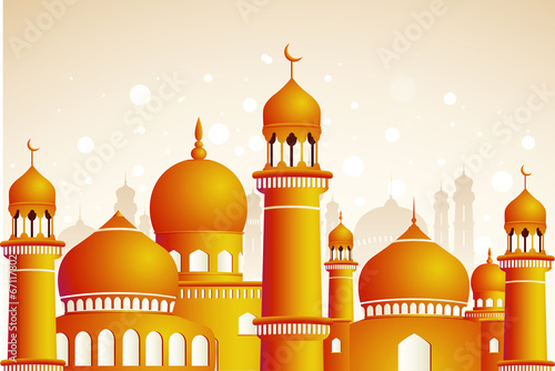 Arabic mosque on shiny light background. Ramadan Kareem
