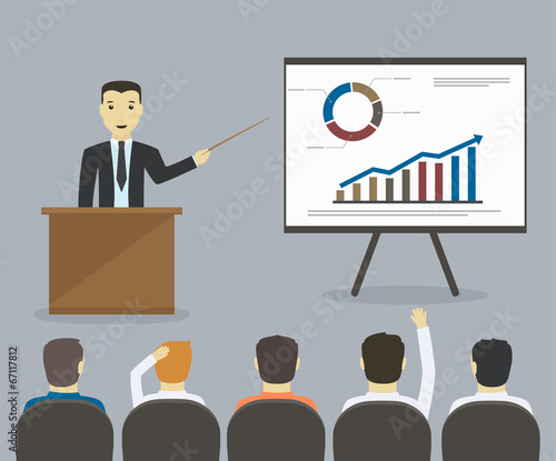 Businessman gives a presentation or seminar. Business meeting, t