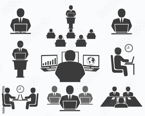 Business people. Office icons, conference, computer work