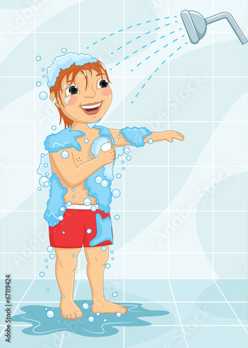 Young Boy Having Shower Vector Illustration