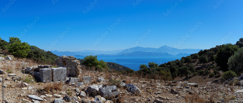 Aegean islands Turkish Mediterranean Sea with historical ruin Aegean islands Turkish Mediterranean Sea with historical ruin