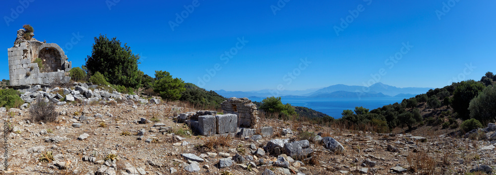 Aegean islands Turkish Mediterranean Sea with historical ruin