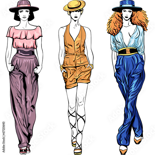 Vector set fashion top models in trouser suits and hats