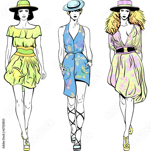 Vector set fashion top models in summer dresses and hats