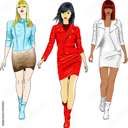 vector set of fashion girls in the leather suits