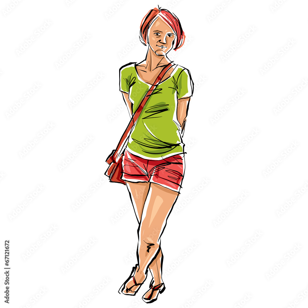 Colorful hand drawn illustration of a woman on white background, Colorful hand drawn illustration of a woman on white background,