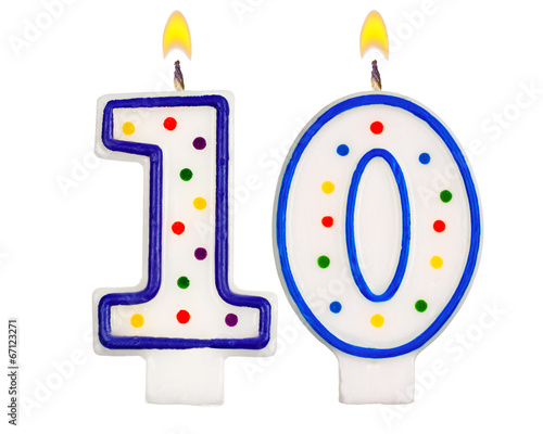Birthday candles number ten isolated on white background