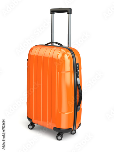 Luggage, Orange suitcase on white isolated background.
