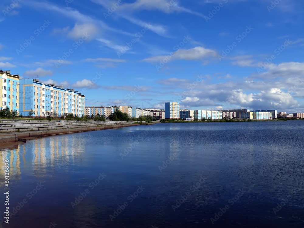Fototapeta premium Nadym, Russia - August 21, 2007: the Town of Nadym river Nadym.