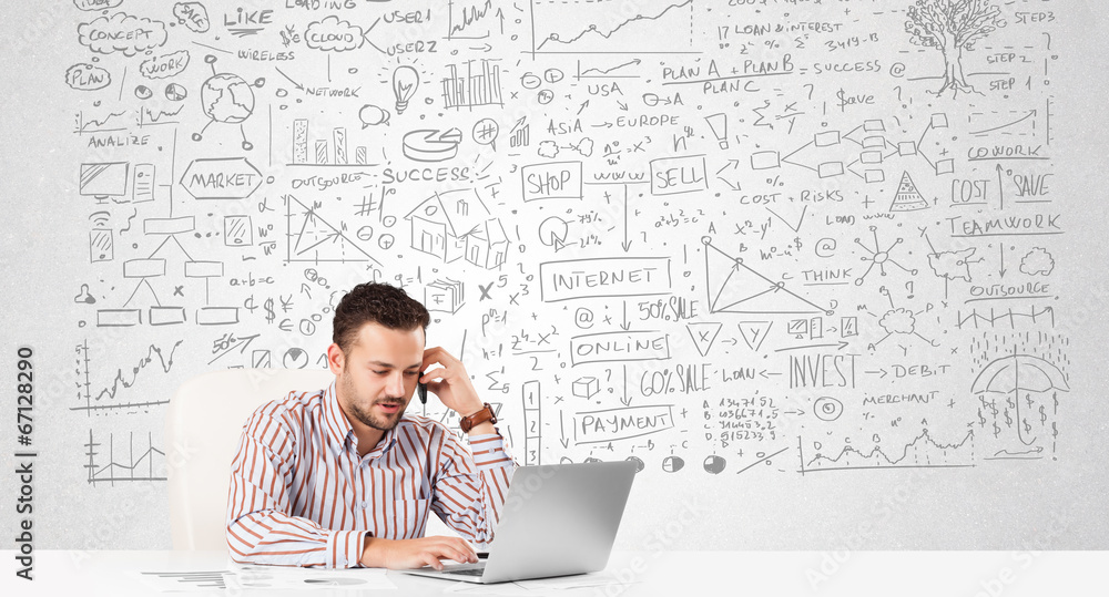 Businessman planning and calculating with various business ideas Businessman planning and calculating with various business ideas