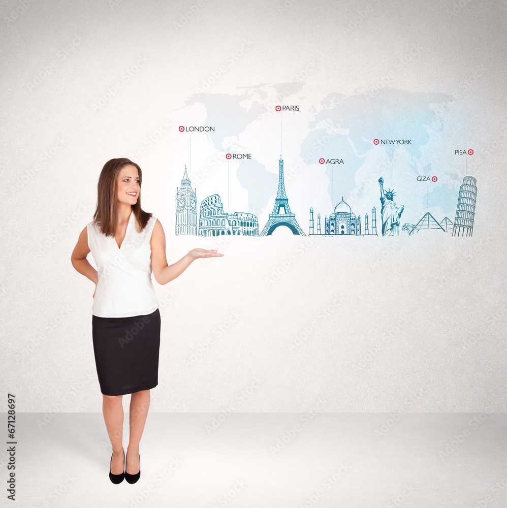 Business woman presenting map with famous cities and landmarks Business woman presenting map with famous cities and landmarks