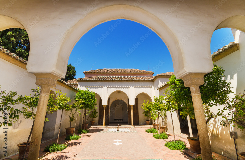 Courtyard garden in Alcazaba Palace, Malaga, Spain.