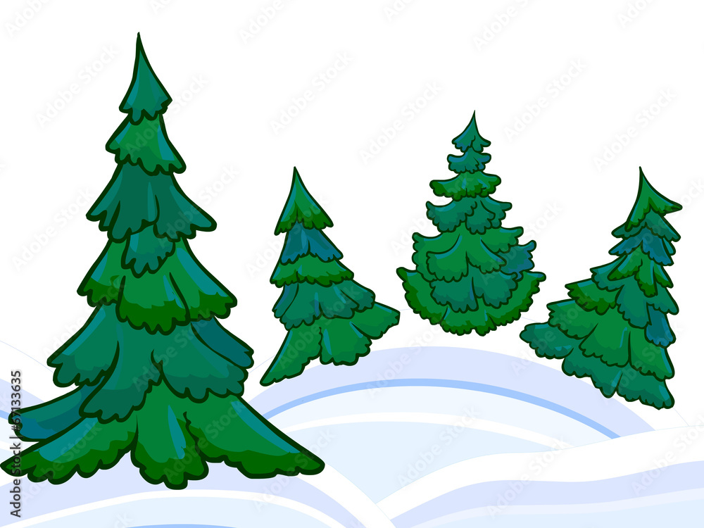 Obraz premium The cartoon coniferous forest and winter snowdrifts