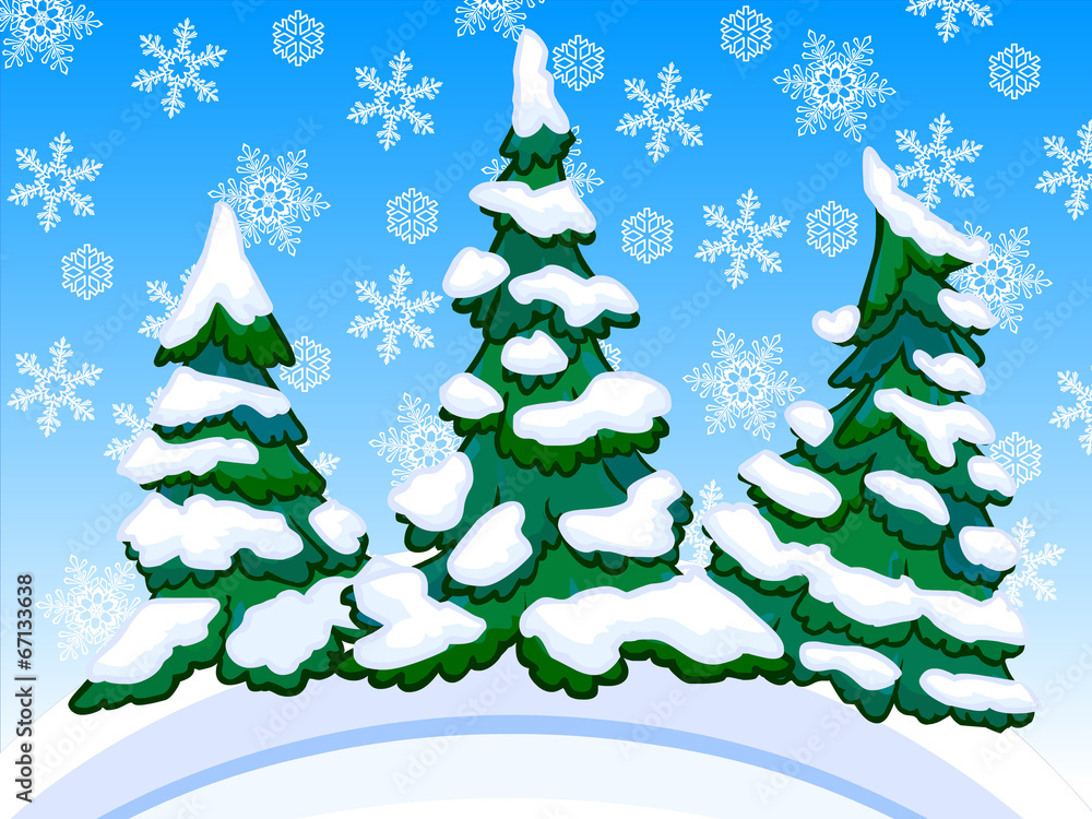 Cartoon image of three snowy conifers with snowflakes Cartoon image of three snowy conifers with snowflakes