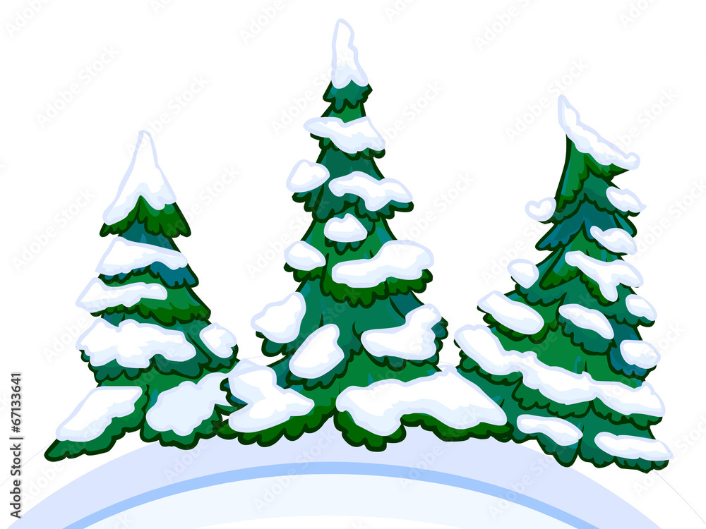 Cartoon image of three conifers on white-blue snowdrifts. Cartoon image of three conifers on white-blue snowdrifts.