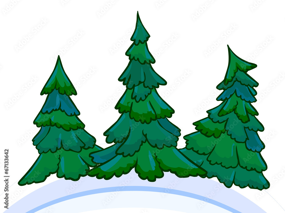 Obraz premium Cartoon image of three conifers on white-blue snowdrifts.