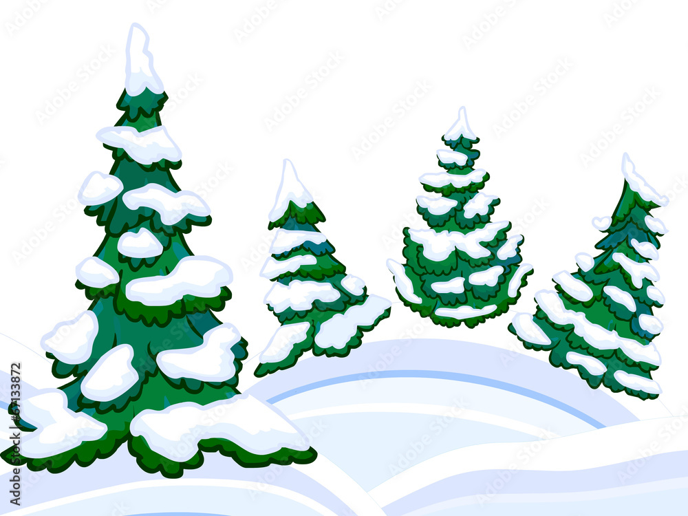 The cartoon coniferous snowy forest and winter snowdrifts.
