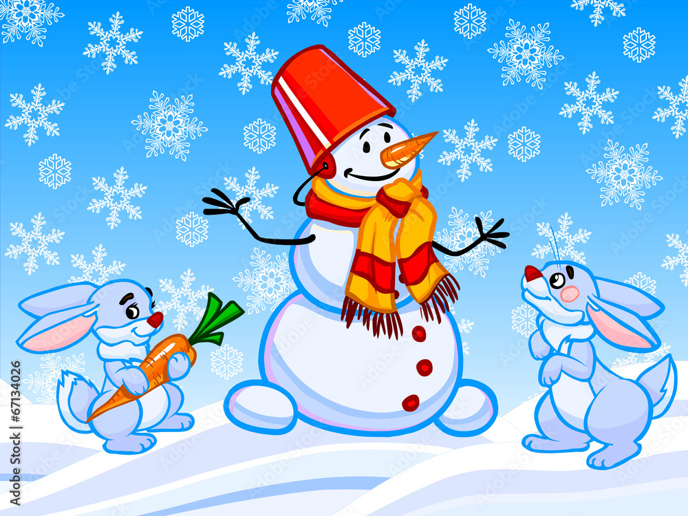 The cartoon illustration of a snowman and two rabbits. Stock Illustration | Adobe Stock The cartoon illustration of a snowman and two rabbits. Stock Illustration | Adobe Stock